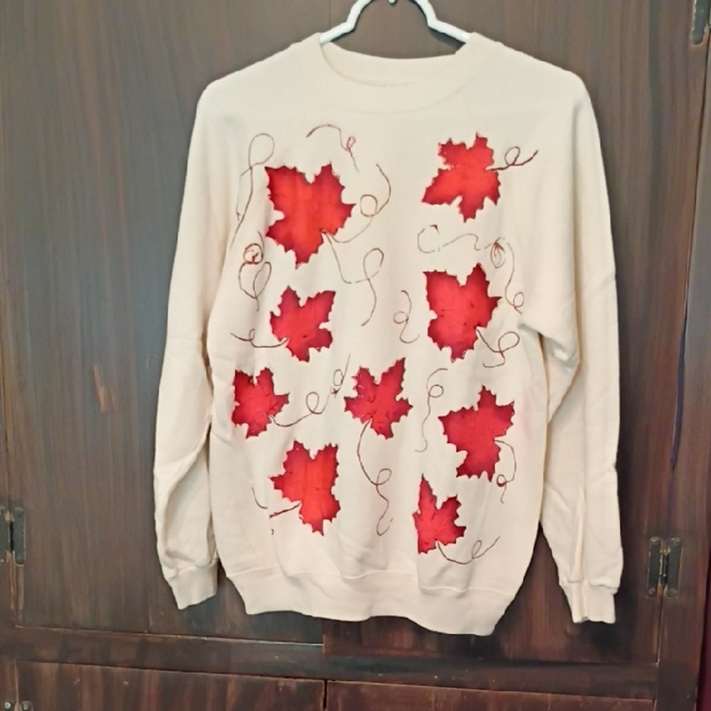 Hanes Cream Sweater with Red Leaf Design